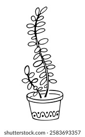 Hand drawn outline succulent in a pot isolated on a white background. Cactus in doodle style. Flowers in the desert. Vector illustration. Perfect for coloring book, greeting card, print.