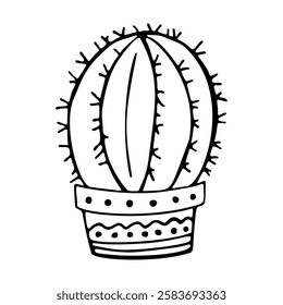 Hand drawn outline succulent in a pot isolated on a white background. Cactus in doodle style. Flowers in the desert. Vector illustration. Perfect for coloring book, greeting card, print.