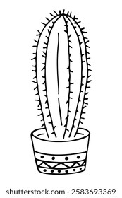 Hand drawn outline succulent in a pot isolated on a white background. Cactus in doodle style. Flowers in the desert. Vector illustration. Perfect for coloring book, greeting card, print.