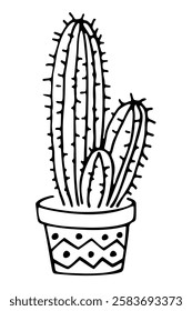 Hand drawn outline succulent in a pot isolated on a white background. Cactus in doodle style. Flowers in the desert. Vector illustration. Perfect for coloring book, greeting card, print.