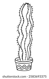 Hand drawn outline succulent in a pot isolated on a white background. Cactus in doodle style. Flowers in the desert. Vector illustration. Perfect for coloring book, greeting card, print.