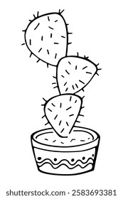 Hand drawn outline succulent in a pot isolated on a white background. Cactus in doodle style. Flowers in the desert. Vector illustration. Perfect for coloring book, greeting card, print.