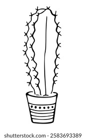 Hand drawn outline succulent in a pot isolated on a white background. Cactus in doodle style. Flowers in the desert. Vector illustration. Perfect for coloring book, greeting card, print.