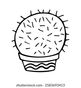 Hand drawn outline succulent in a pot isolated on a white background. Cactus in doodle style. Flowers in the desert. Vector illustration. Perfect for coloring book, greeting card, print.