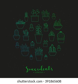 Hand drawn outline succulents and cactuses composed in circle shape. Exotic mexican houseplants.