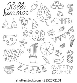 Hand drawn outline summer sketch. Doodle set elements. Summer coloring book.