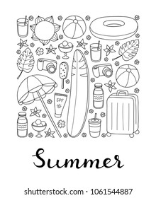 Hand drawn outline summer and vacation items composed in square shape with lettering.