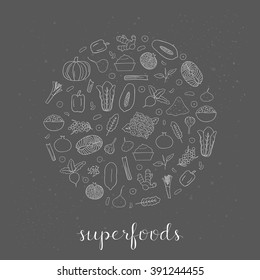 Hand drawn outline superfoods in circle shape. Pumpkin, acai, pomegranate, spirulina, beet, salmon, papaya, maca, pepper, cauliflower, sea buckthorn, celery, leek, ginger, cranberry, kale, lettuce.