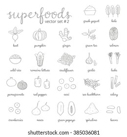 Hand drawn outline superfoods isolated on white. Pumpkin, acai, pomegranate, spirulina, beet, salmon, papaya, maca, pepper, cauliflower, sea buckthorn, celery, leek, ginger, cranberry, kale, lettuce.