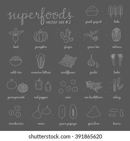 Hand drawn outline superfoods isolated on the blackboard Pumpkin, acai, pomegranate, spirulina, beet, salmon, papaya, pepper, cauliflower, sea buckthorn, celery, leek, ginger, cranberry, kale, lettuce