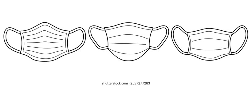 Hand drawn outline surgical mask. medical equipment doodle set with art line style on isolated white background.