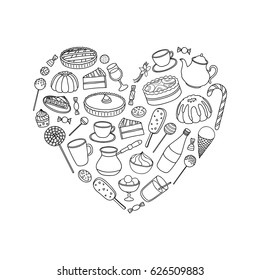 Hand drawn outline sweets, cakes, ice cream, pies, coffee, tea composed in heart shape.