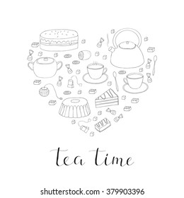 Hand drawn outline tea items composed in heart shape.