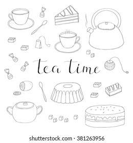 Hand drawn outline tea items isolated on white background.