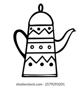 Hand drawn outline teapot isolated on white background. Herbal tea black linear design. Vector illustration. Perfect for print, web, menu and infographics.