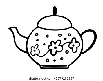 Hand drawn outline teapot with snowflakes isolated on white background. Vector illustration. Perfect for print, web, menu and infographics.