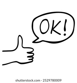 Hand drawn outline thumbs up gesture saying okay vector