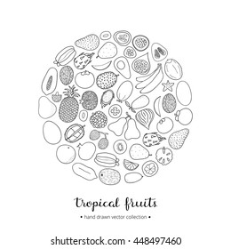 Hand drawn outline tropical fruits in circle shape with lettering.