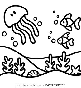 Hand drawn outline of under the sea with jellyfish, fish, starfish, coral reef, shell pearl, sand for colouring book, marine lives, aquarium, animal, background, wallpaper, post card, trip, vacation