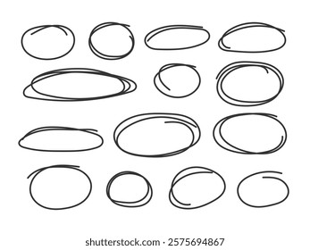 Hand drawn outline various circle shapes. Doodle ellipse for highlighting and emphasis. Handwritten circle for design