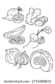 Esquema dibujado a mano de varias verduras de raíz y productos en rodajas en blanco y negro. Concepto de alimentación saludable, educación nutricional y Elementos de cocina vegetariana