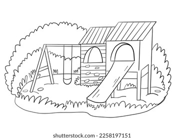 Dibujo manual de arte vector con parque infantil, construcción de recintos 