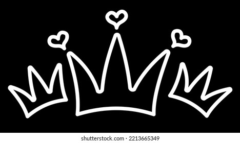 Hand drawn outline vector icon princess crown with hearts on a black background