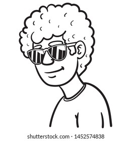 Hand drawn outline vector illustration of a boy with curly hair and sunglasses looking cool to side. comic, cartoon, sketch, doodle.