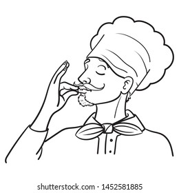 Hand drawn outline vector illustration of a chef with cap and beard, who guides his fingers to his mouth. comic, cartoon, sketch, doodle, profession.