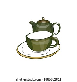 Hand drawn outline vector illustration of cup and teapot