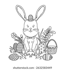 Hand drawn outline vector illustration of easter bunny, eggs, basket and flowers for coloring page or easter card design