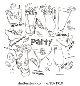 Hand drawn outline vector illustration on white background. Sketch summer party set. Cocktails and drinks.