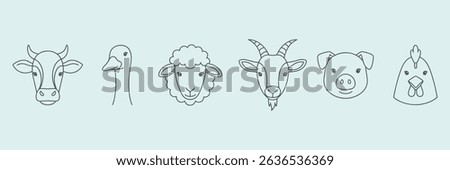 Hand drawn outline vector illustration of six cute farm animals including cow, goose, sheep, goat, pig, and chicken heads on light background for agricultural, rural, or children’s design themes

