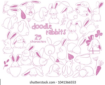 Hand Drawn outline vector illustrations of cute rabbits. Funny bunny characters. Doodle sketch style