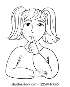 Hand drawn outline vector image with girl making silence sign, cute children illustration 