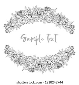 Hand drawn outline vector peony flowers frames on white background, good for coloring