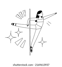 Hand drawn outline vector pole dance  on a vertical pole illustration in doodle style isolated on white background. Popular form of fitness.