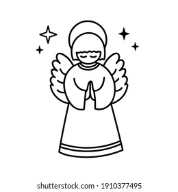 Hand drawn outline vector Praying Angel. Contour drawing Religious Symbol. Biblical heaven character. Christmas, Easter Holiday element for infographic, design greeting card, poster, coloring book