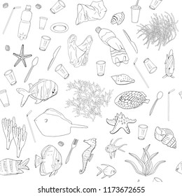 Hand drawn outline. Vector seamless pattern with wastes, garbage, plastic straws, fishes, bag, seaweed, plastic utensils. The concept of environmental pollution and the World Cleanup day. 