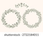 Hand drawn outline vector set of floral wreaths and separate spring flower elements. Elegant botanical line art for invitations, wedding design, cards, branding and decorative projects