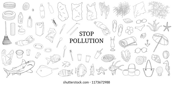 Hand drawn outline. Vector set of garbage, plastic straws, bag, plastic utensils, starfish, beach accessories, wastes. The concept of environmental pollution. The World Cleanup Day. 