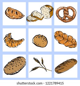 Hand drawn outline vector set for bakery with bread, pretzel, croissant, braided bread