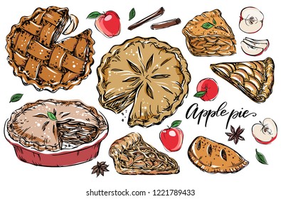 Hand drawn outline vector set for bakery with pies, red apples, cinnamon, star anise and hand lettered sign