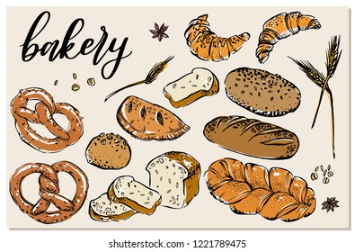 Hand drawn outline vector set for bakery with bread, pretzel, croissant, braided bread and hand letterd sign