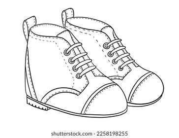 Hand drawn outline vector set with cartoon boots, cute children illustration 