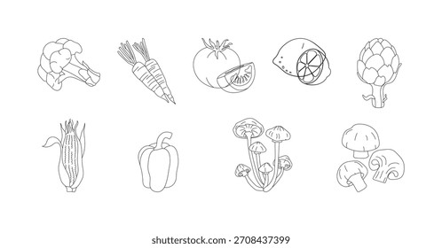 Hand Drawn Outline Vector Set of Fresh Vegetables and Produce.