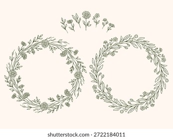 Conjunto vetorial desenhado à mão de coroas florais e elementos de flor de primavera separados. Elegante arte de linha botânica para convites, design de casamento, cartões, branding e projetos decorativos