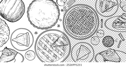 Dibujado a mano Vector de contorno superior vista pasteles. Los activos alimentarios en el esquema solo sobre fondo transparente. Pasteles de calabaza, manzana, arándano con canela, anís, crema y avellana.