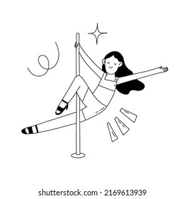 Hand drawn outline vector of woman pole dancer dancing poses on pole illustration in doodle style isolated on white background.