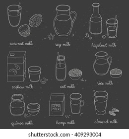 Hand drawn outline vegan drinks on the blackboard. Coconut, soy, hazelnut, cashew, oat, rice, quinoa, hemp, almond milk.